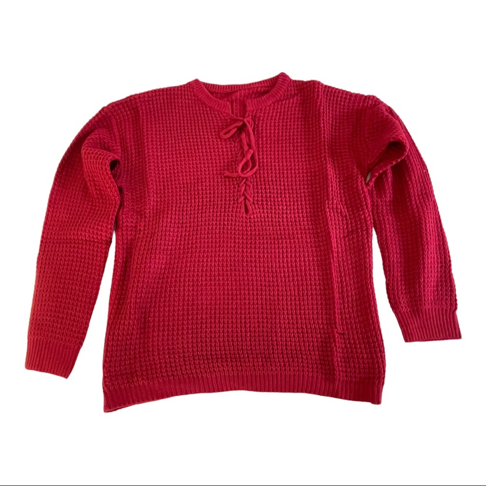 Red crew sweater with tie up front. Size L. Brand new. Acrylic.